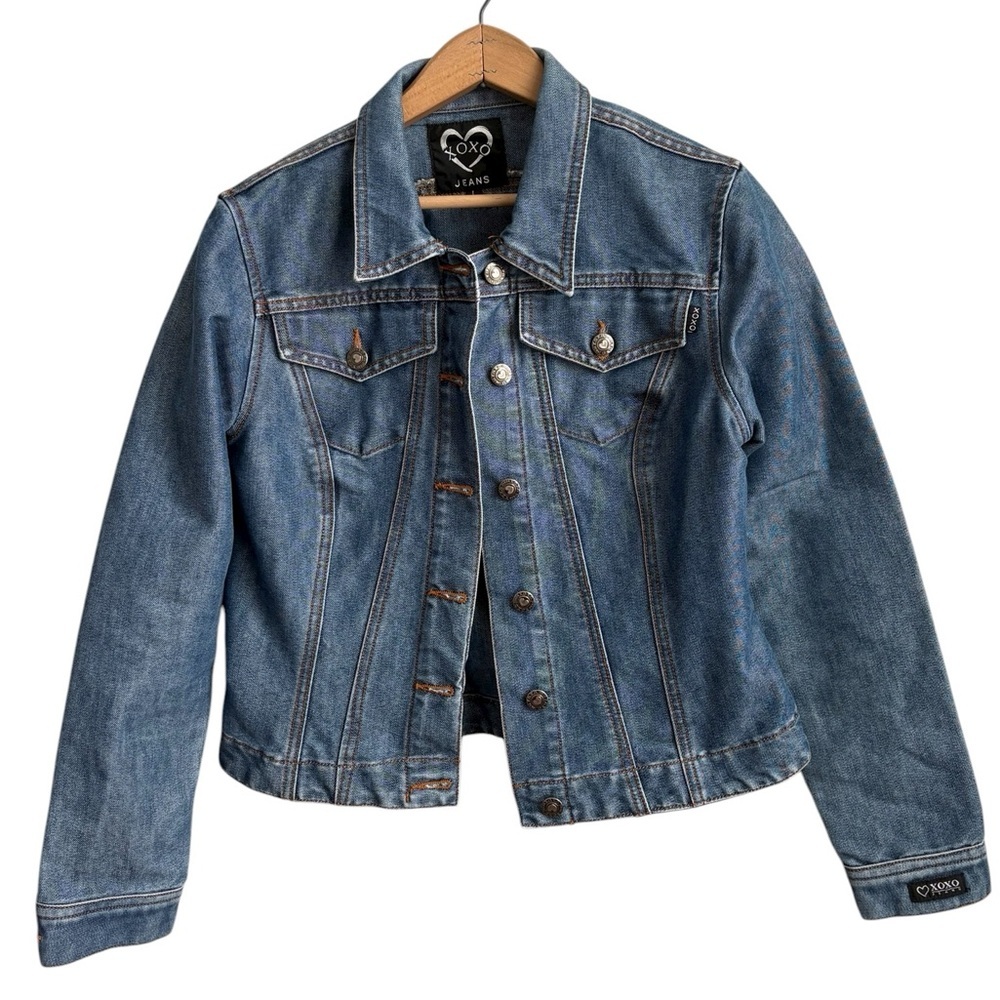 XOXO Jeans Denim Jacket Y2K Fitted Cropped Blue Jean Jacket Juniors Large